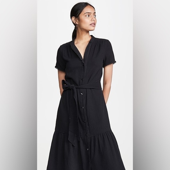 AYR The Kite Midi Dress Cotton Gauze Button Front Pom Pom Tiered Blk PLEASE READ - Picture 4 of 14